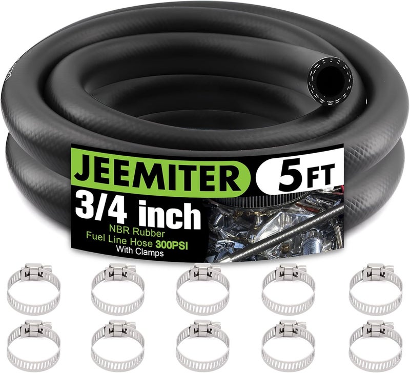 Jeemiter 3/4" ID x 5FT Large Diameter Fuel Line Hose SAE 30R7 Kit - with 10 Clamps for Diesel, Oil, Hydraulic Lines - Fits Industrial Machinery, Tractors, Marine Systems - Image 1